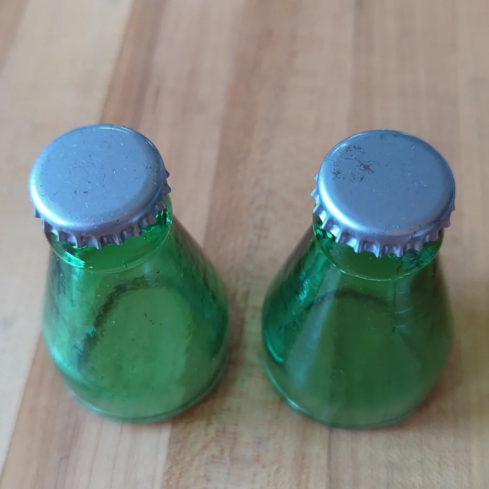 Shot glasses, set of two vintage green bottle top shot glasses
